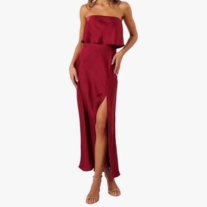 SOLD NWT Petal & Pup Vienna Strapless Satin Side-Slit Midi Dress in Color Berry